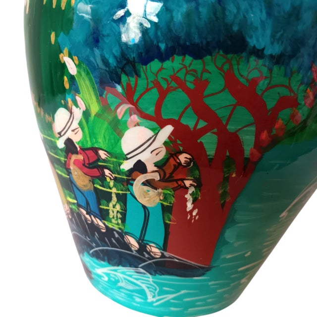 Vintage Mexican Folk Art Vase Handpainted Terracotta Colorful Green Blue Red Glossy 8" X 7" For Sale - Image 14 of 15