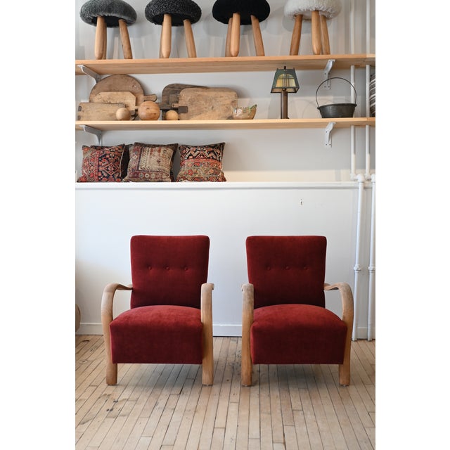 Czech armchairs from the Art Deco period. Curved oak arms are scrubbed down to let the natural wood details & tones shine....