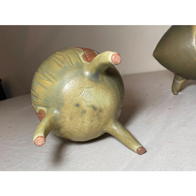 Antique Signed Japanese 3 Piece Studio Art Green Pottery Footed Vase Bowl Set For Sale - Image 15 of 18