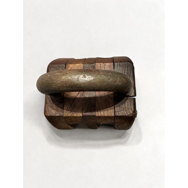 Industrial Industrial Ash and Iron Double Pulley Block Maritime Sculpture, 1930s For Sale - Image 3 of 8
