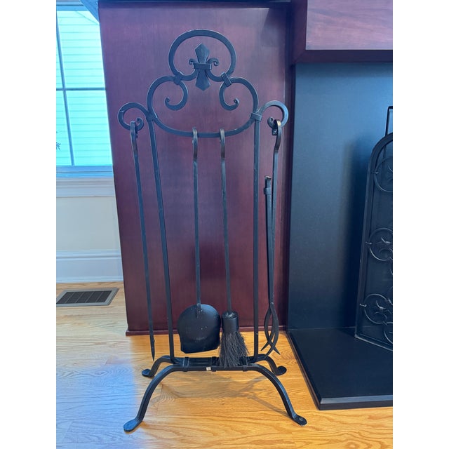 Vintage Spanish Revival Iron Three Panel Folding Fireplace Screen With Matching Vintage Wrought Iron 4 Piece Fireplace Tools With Stand For Sale - Image 12 of 12
