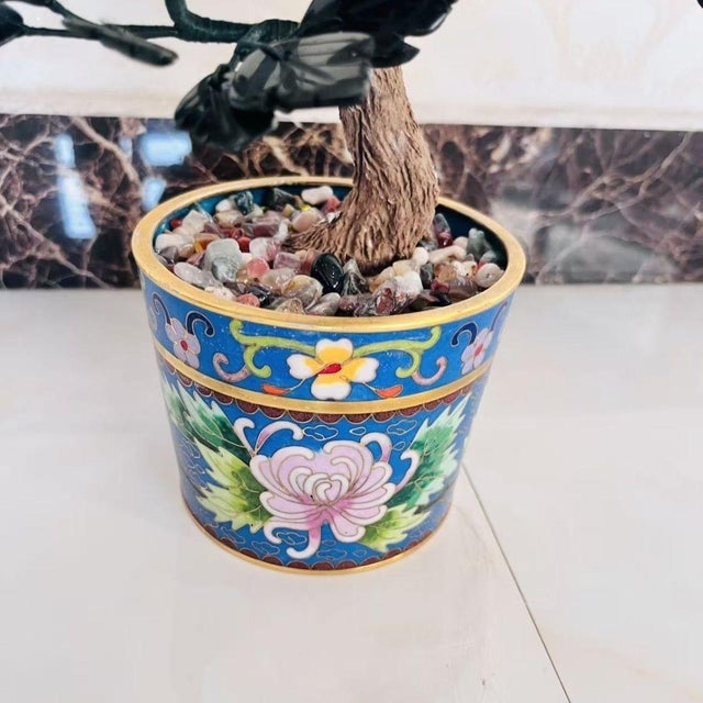 Vintage Gemstone & Cloisonné Enamel Bonsai Tree – Jade, Agate & Crystal Flowers For Sale - Image 9 of 9