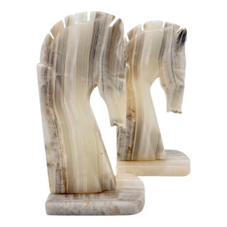 Vintage Italian Banded Onyx Horse Head Bookends – 8.5” Sculptural Stone a Pair For Sale