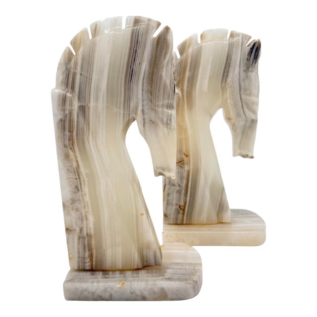 Vintage Italian Banded Onyx Horse Head Bookends – 8.5” Sculptural Stone a Pair For Sale