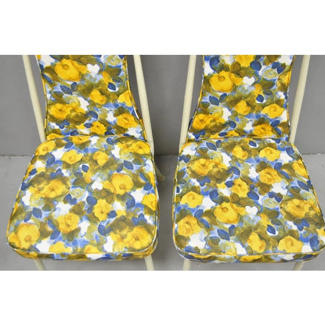 Mid 20th Century Vintage Retro Atomic Era Metal Kitchen Dining Chairs W/ Blue Yellow Flowers Pair For Sale - Image 5 of 12
