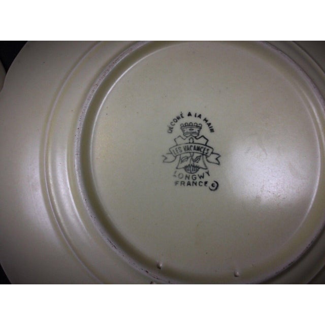French Pair of Antique Hand-Painted Longwy Plates - "Vacance" Design, France For Sale - Image 3 of 6