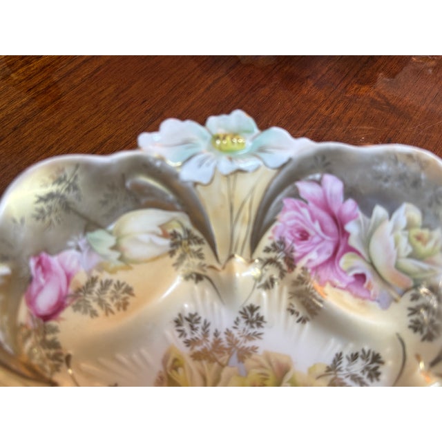 Antique Porcelain Molded Floral Bowl Heavy Gold Gilt Ornate C1910 Orchids Roses For Sale - Image 13 of 17