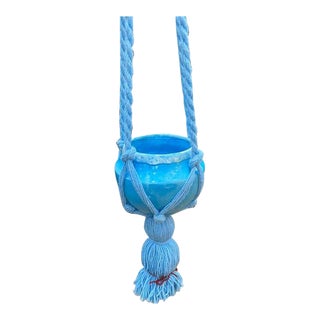 Blue Ceramic 1970s Woven Macrame Hanging Planter For Sale