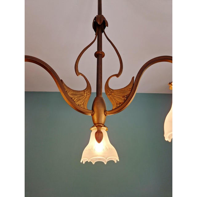 Antique Art Nouveau Chandelier in Brass and Scalloped Frosted Glass, 1890s For Sale - Image 6 of 16