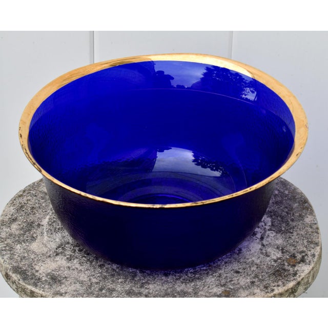 1950s Vintage Cobalt Blue Glass Bowl Gold Rim Textured Pebble Art Glass For Sale - Image 5 of 15