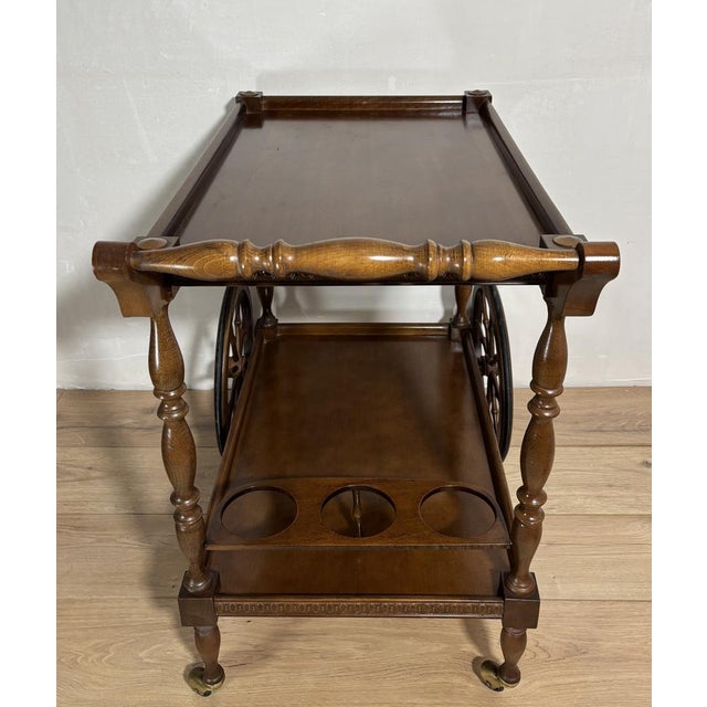 Wood Mid-Century Modern Spanish Wooden Bar Cart with Turned Legs and Bottle Holder, 1940 For Sale - Image 7 of 14