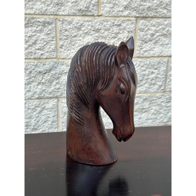 Vintage Equestrian Horse Head Sculptures in Dark Carved Wood - A Pair For Sale - Image 4 of 12
