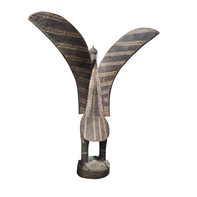 Vintage Huge African Wood & Brass Sculpture of Senufo Bird Statue Cote d'Ivoire 82" H For Sale - Image 4 of 11