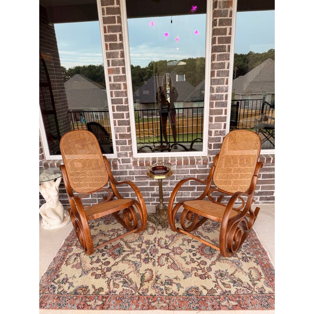 Vintage Bentwood Cane Rockers | Art Nouveau / Victorian Conservatory Style | Pair For Sale - Image 4 of 9