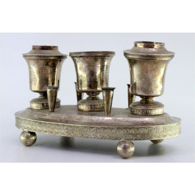 Silver Inkwell with Reservoirs, Pen Holders with Guilloche Friezes and Ball-Shaped Feet For Sale - Image 3 of 7