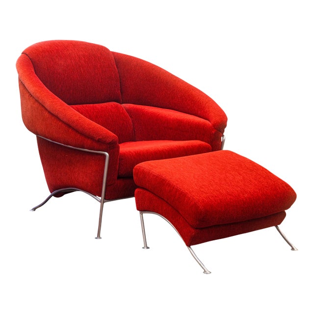 Vintage Milo Baughman Thayer Coggin Boldido Red Fabric Lounge Chair and Ottoman For Sale