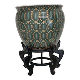 Vintage Oriental Accent Hand-Painted Asian Fishbowl Cachepot With Carved Hardwood Stand For Sale