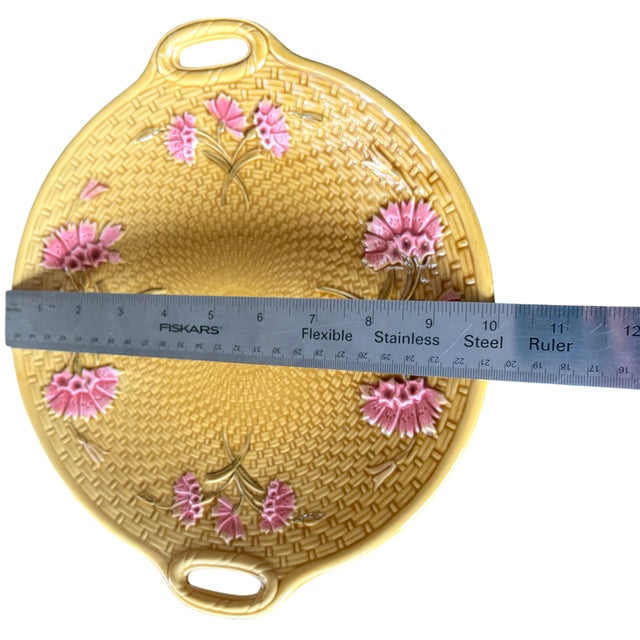 Ceramic Antique Gs Zell Majolica Pink Dianthus Carnations on Basketweave Porcelain Platter, Germany, C. 1890s For Sale - Image 7 of 8