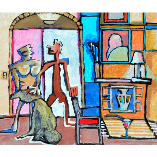 Two figures in a brightly colored interior with abstracted elements by San Francisco artist Michael William Eggleston...