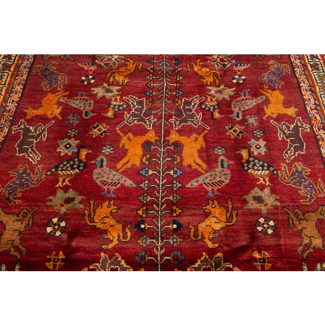Textile Pictorial Designed Vintage Shiraz Persian Wool Rug in Red For Sale - Image 7 of 8