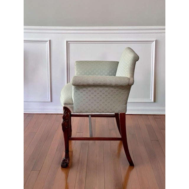 Georgian Carved Mahogany Upholstered Vanity Bench, Celadon Blue, Early 20th Century For Sale - Image 4 of 18