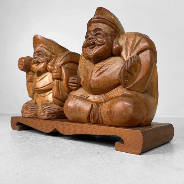 Brown Wooden Ebisu and Daikoku Deity Statues on Base, Japan, 1950 For Sale - Image 8 of 12