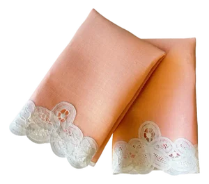 Vintage Blush Apricot Linen Guest Towels with Filet and Needle Lace Fingertip Towels, Colored European Trousseau Linen - a Pair