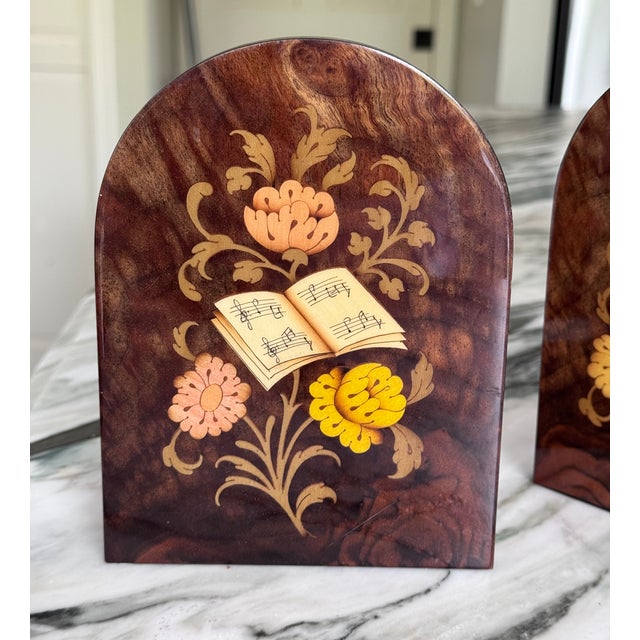 Italian Floral Inlay Music Book Motif Book Ends - A Pair Made in Italy For Sale In Seattle - Image 6 of 9