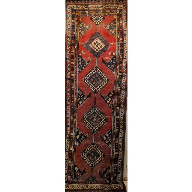 Antique Persian Kurdish Bidjar Runner Rug, Hand-Knotted Wool, Geometric Pattern, Terracotta & Navy, 3x13 For Sale - Image 9 of 17