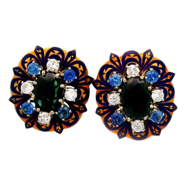 1950s Mid-Century Sapphire Diamond Enamel 14k Yellow Gold Earrings, A Pair For Sale