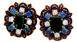 1950s Mid-Century Sapphire Diamond Enamel 14k Yellow Gold Earrings, A Pair