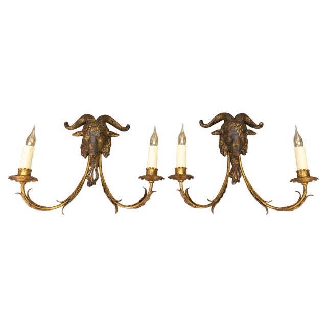 Palladio Gilt Metal and Giltwood Rams Head Two-Light Sconces, 1960s, Set of 2 For Sale