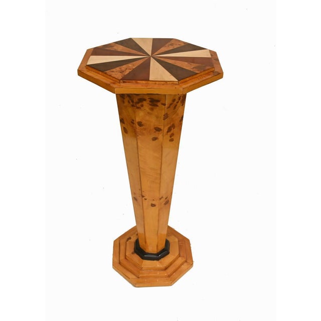Striking pair of Art Deco style pedestal stands veneered in beautifully figured bird’s eye maple, the warm honey-coloured...