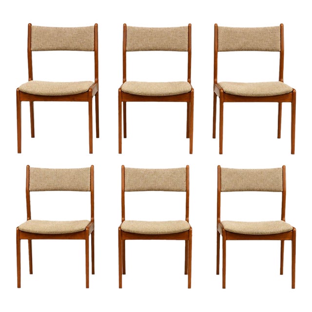 1970s Danish Style Modern Teak Beige Dining Chairs - Set of 6 For Sale