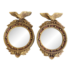 Vintage American Federal Gold Brass Eagle Bullseye Convex Mirrors, Pair