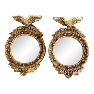 Vintage American Federal Gold Chalkware Eagle Bullseye Convex Mirrors, Pair For Sale