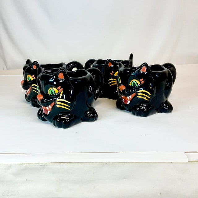 1990s Vintage Art Deco Majolica Halloween Black Cat Coffee Mugs - Set of 4 For Sale - Image 4 of 12