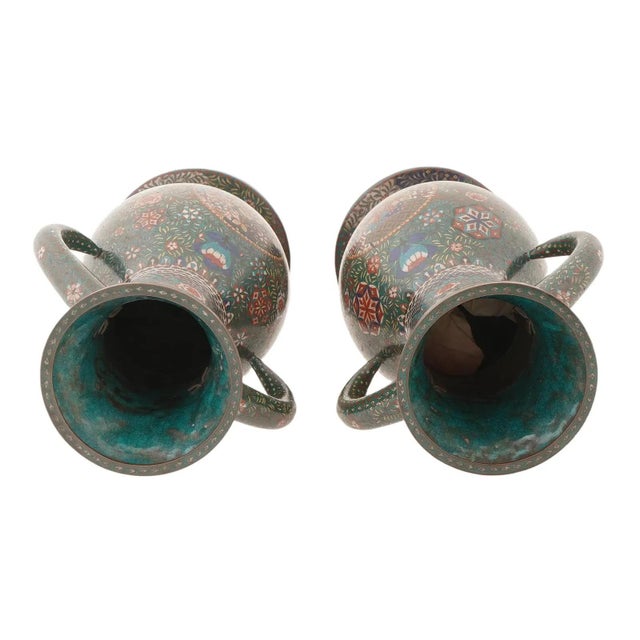 Japanese Pair of Antique Japanese Cloisonné Enamel Vases For Sale - Image 3 of 9