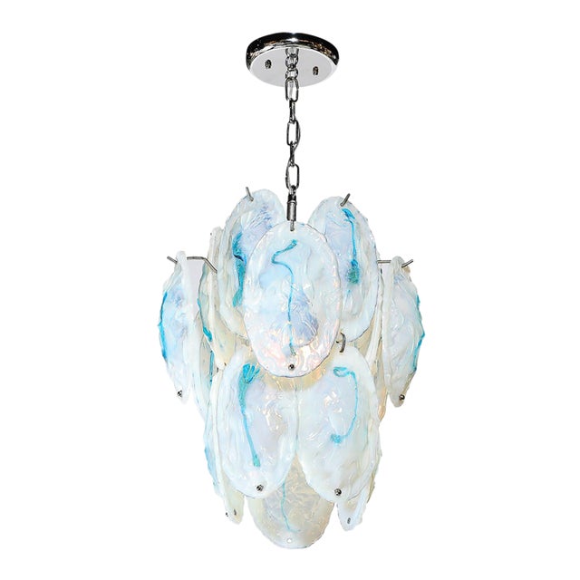 Mid-Century Hand-Blown Murano Opalescent & Cerulean Detail Glass Chandelier For Sale