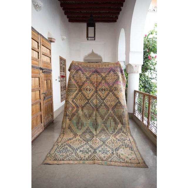Moroccan Vintage Beni Mguild Moroccan Rug Beige With Teal, Peach, Plum and Navy Design For Sale - Image 3 of 12