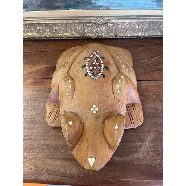 1970s Hand-Carved Wooden Frog Wall Plaque With Inlay and Tribal Motif Design For Sale - Image 4 of 11