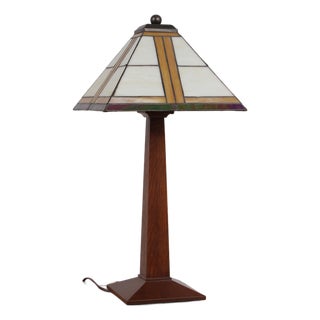 Stickley Mission Oak Slag Glass Table Lamp For Sale