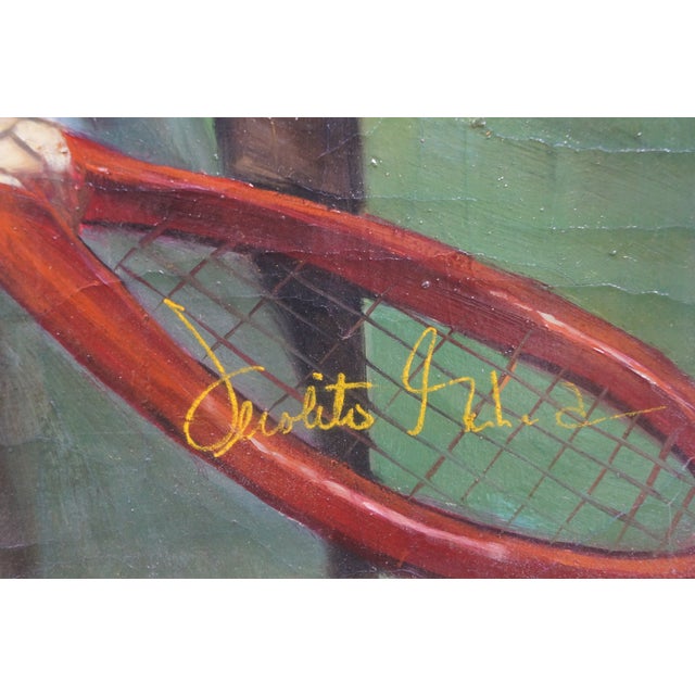 Green Late 20th Century Girl With Racket & Shuttlecock Oil Painting After Jean Baptiste Siméon Chardin For Sale - Image 8 of 11
