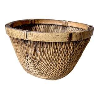 Antique Rattan Handwoven Asian Agricultural Basket For Sale
