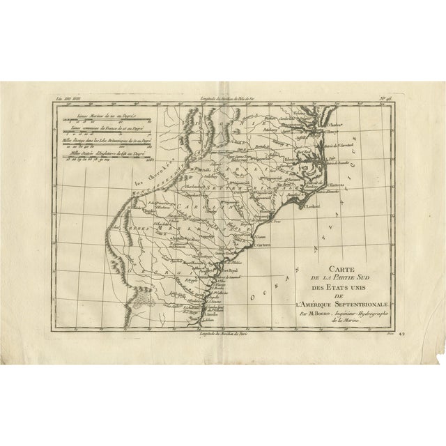 Antique Map of Southern United States wuth Carolina & Georgia from Bonne, 1780 For Sale