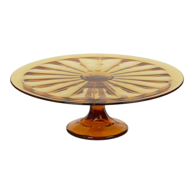 Beautiful vintage cake plate from the Art Deco period, pastry dish made of amber-colored pressed glass, also known as...
