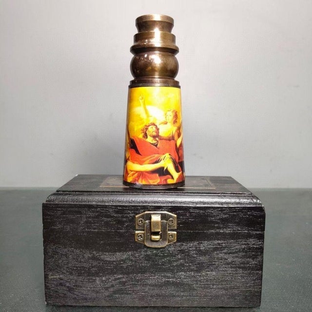 This is a striking, vintage-style single-tube telescope, presented in a dark, distressed wooden storage box. The telescope...