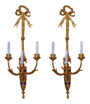 Antique Late 19th Century Gilt Bronze and Blue Three-Arm Wall Light Sconces - A Pair