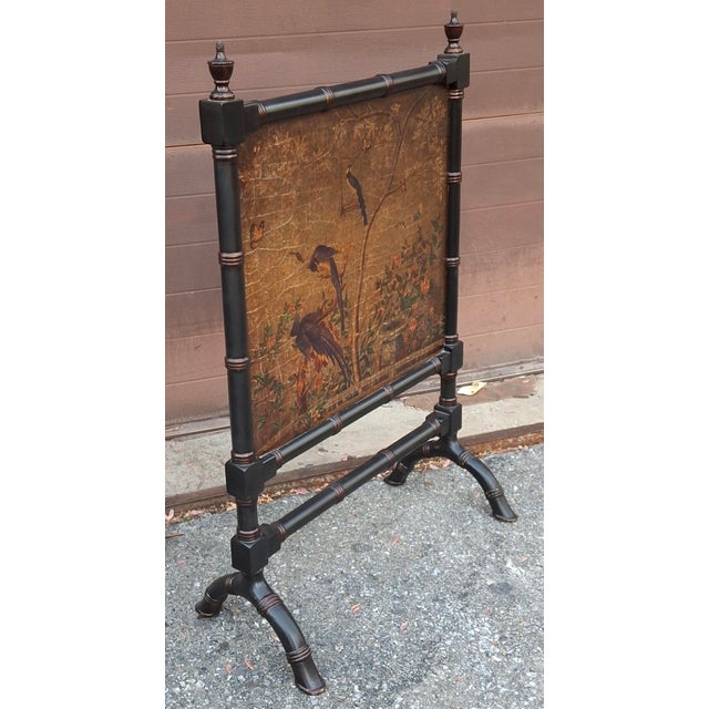 Chinoiserie Chinese Black Painted Faux Bamboo and Gold Florals Fireplace Screen For Sale - Image 3 of 8