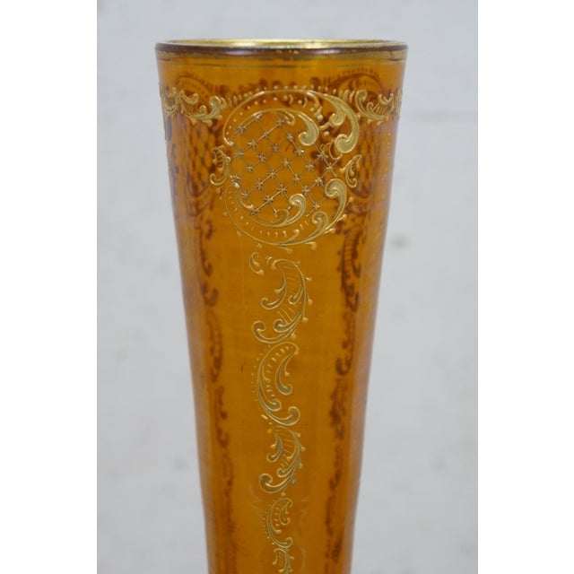 Antique Moser Bohemian Czech Amber Cut to Clear Crystal Trumpet Vase 14" For Sale - Image 6 of 14